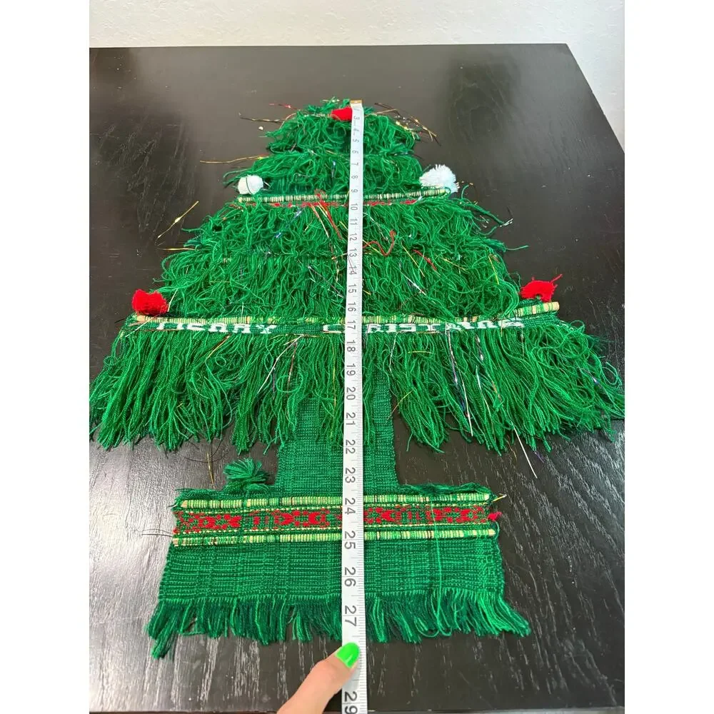 Vintage Yarn Fiber Art Decor Christmas Tree Tinsel Boho Retro Wall Hanger 28x16